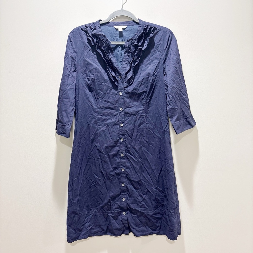 Garnet Hill Navy Ruffled Button-Front Shirt Dress Cotton Minimalist Size 8